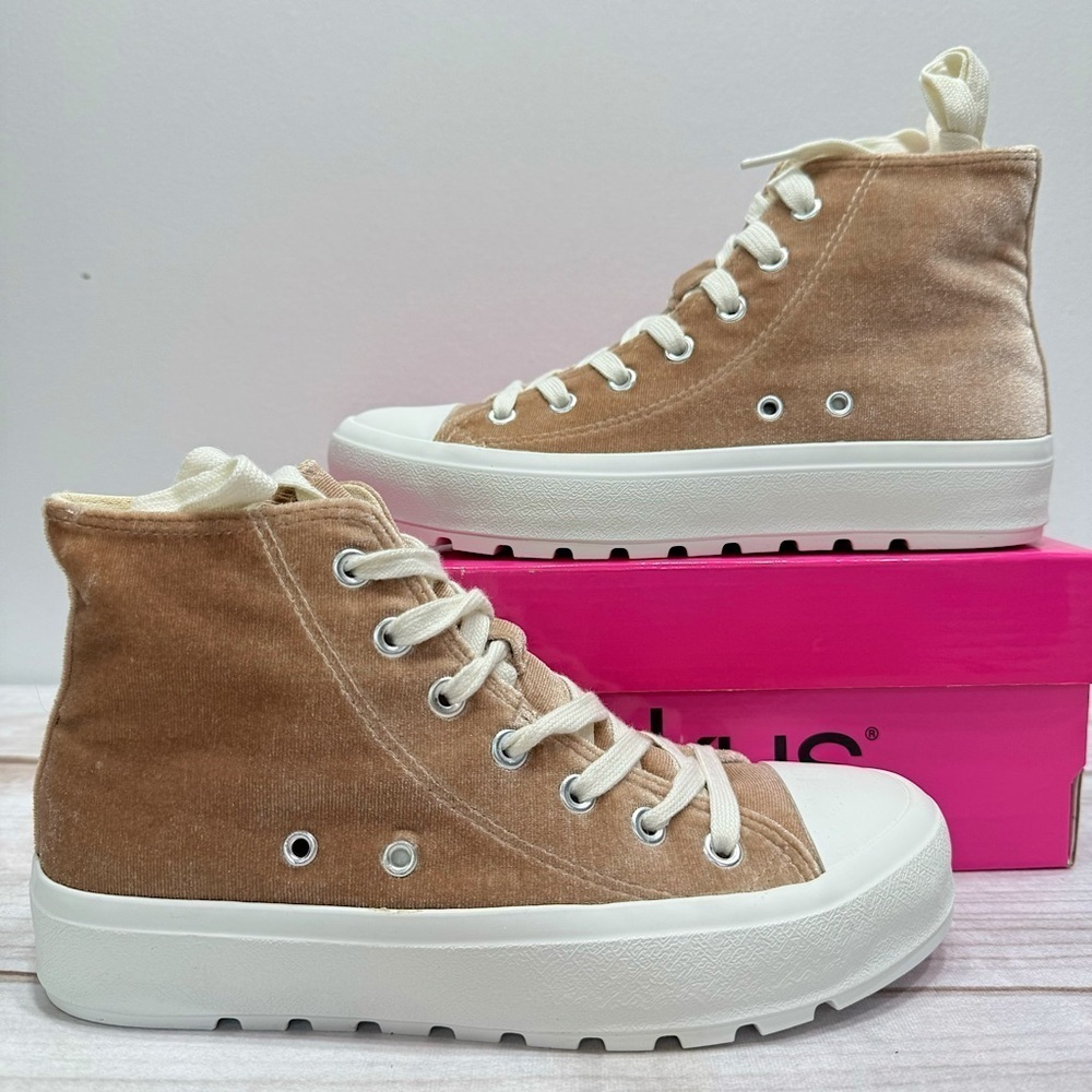 Tan Velvet Lace Up High Top Sneakers Corky’s Hunky Dory NEW Streetwear Retro